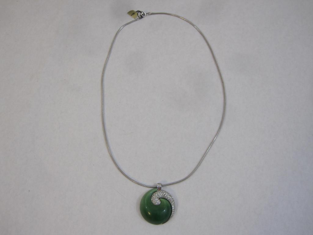 Vintage Silver Tone Trifari Necklace and Earring Set, Green with Clear Gemstone Accents, 2 oz