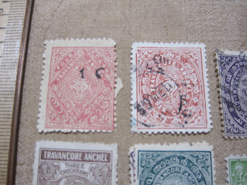 8 Foreign Indian Postage Stamps including Travancore Anchel, One Chuckram, Three Quarter Chuckram,