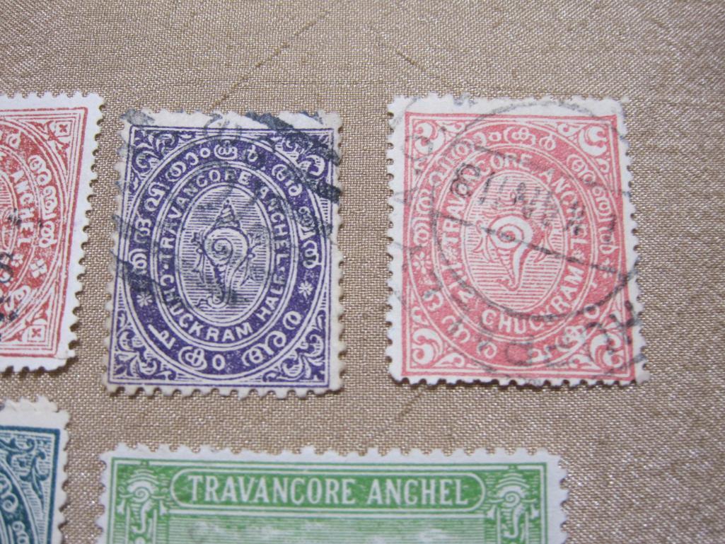 8 Foreign Indian Postage Stamps including Travancore Anchel, One Chuckram, Three Quarter Chuckram,