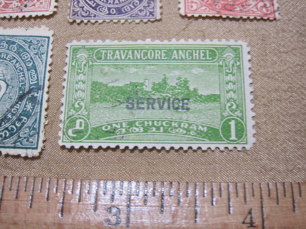 8 Foreign Indian Postage Stamps including Travancore Anchel, One Chuckram, Three Quarter Chuckram,