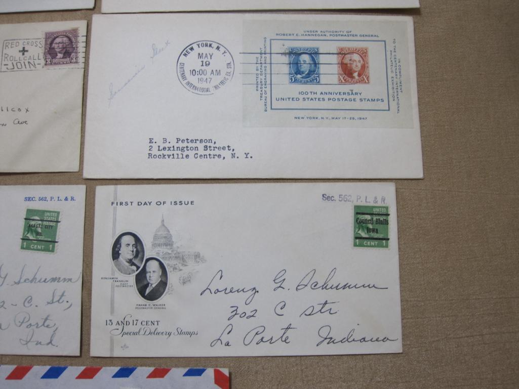 Postmarked lot of envelopes with 1, 3, and 5 cent postage including US Merchant Marine, and 13 and