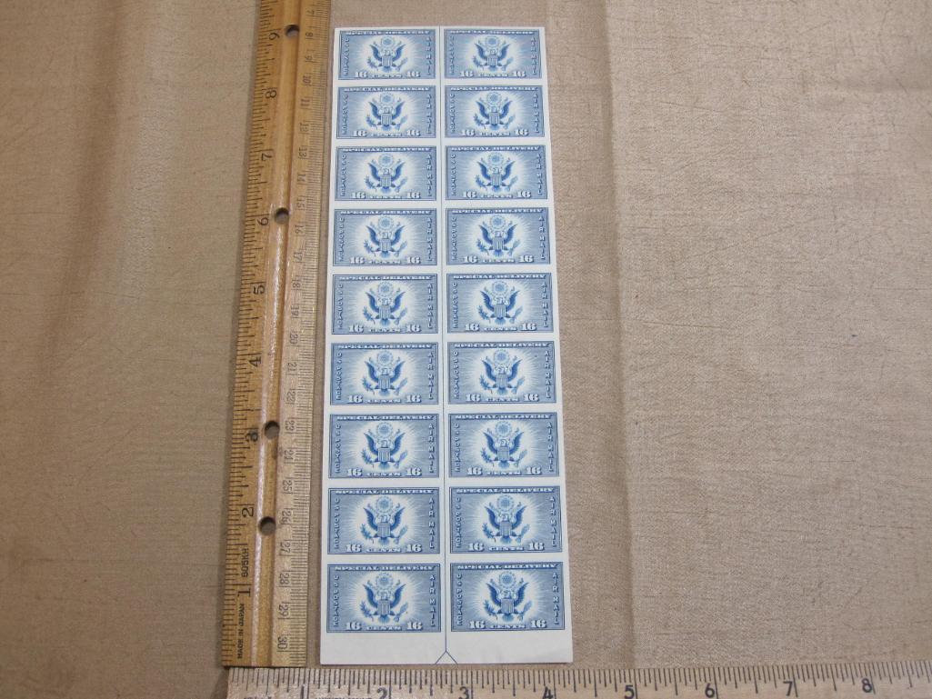Full Sheet of Special Delivery 16 Cent Airmail US Postage Stamps Centerline non-perforated 1930s