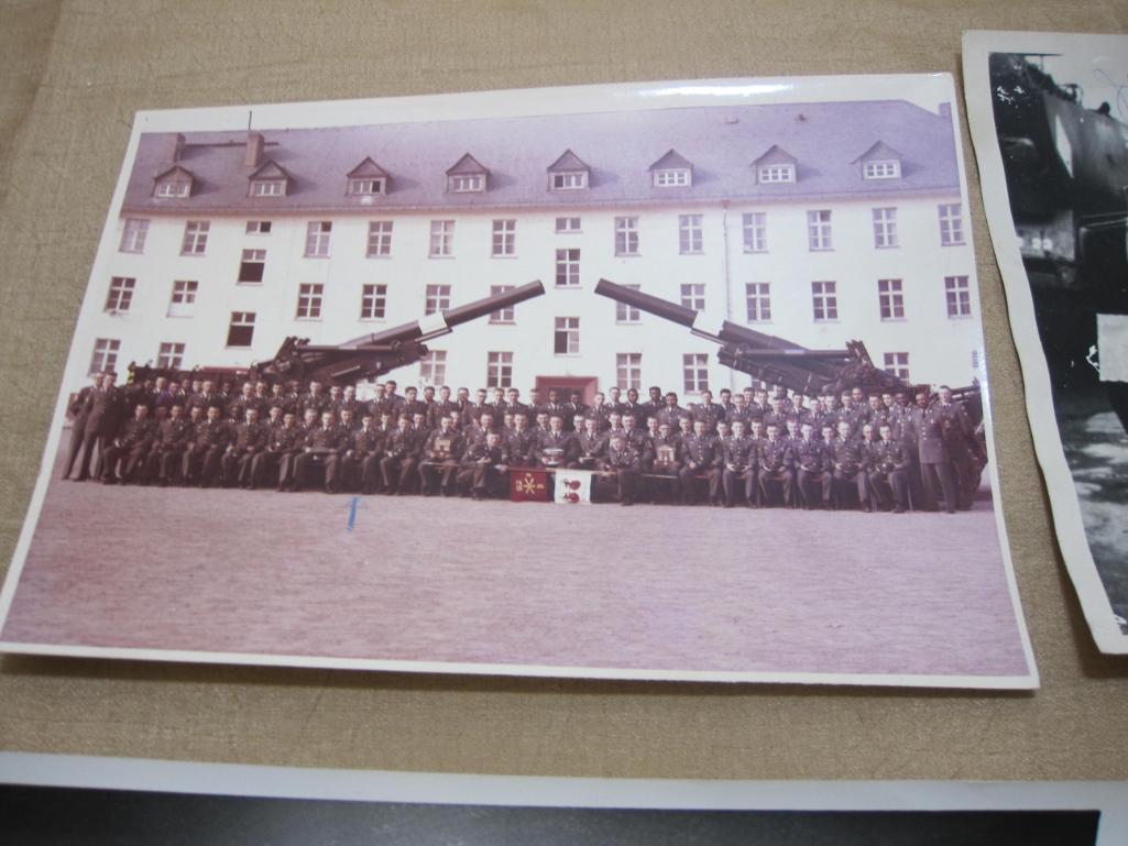 Five Vintage Military Photos including 1965 92nd Artillery Unit Photograph and soldiers in Germany