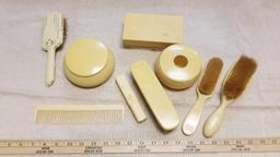 Vintage Celluloid Toiletries plus one Acrylic Hairbrush, includes Two Lidded Containers, Large