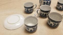 Demitasse Blue Willow Set, Six Cups and Saucers with Creamer, one cup as chip, see photos