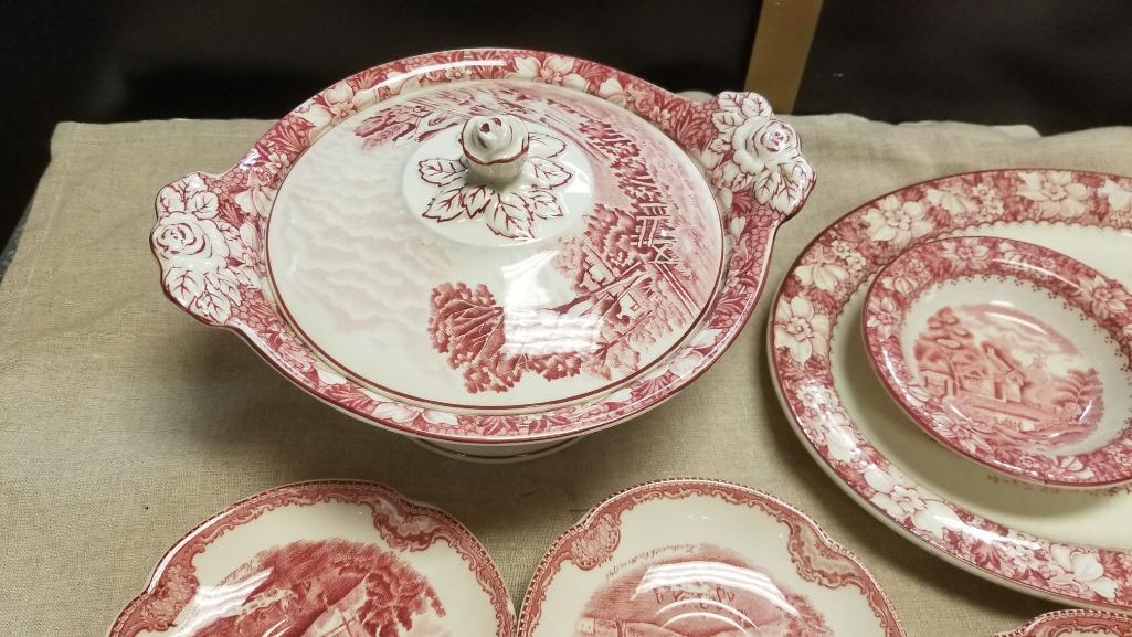 Red Transferware, Rare Red Willow Lot of Antique Dishware, Large Platter, Covered Serving Bowl and