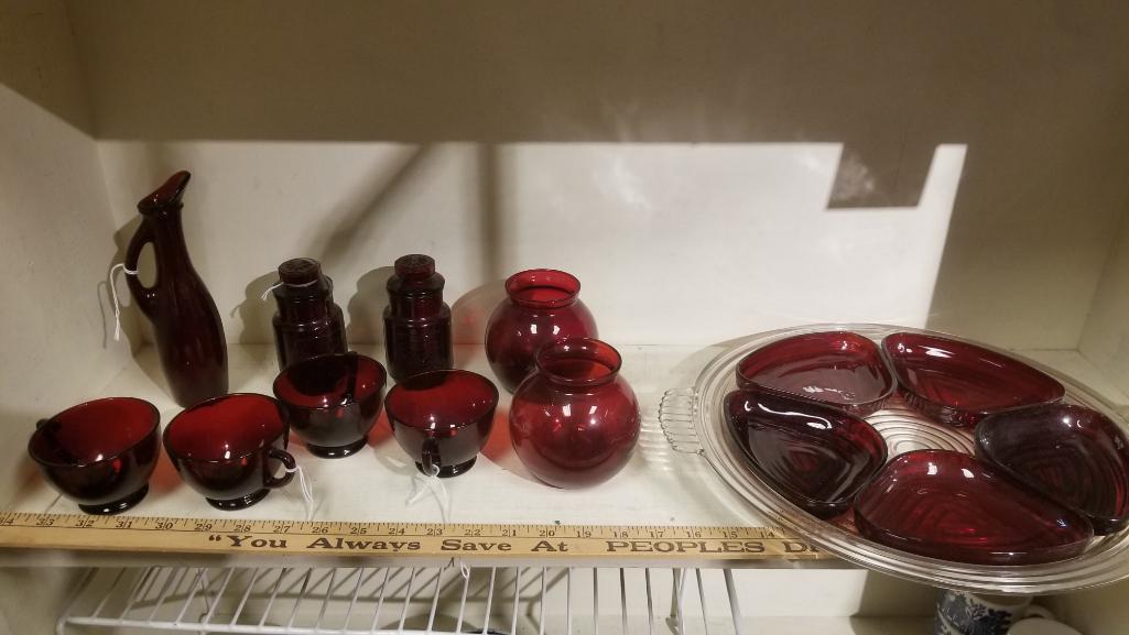 Red Glass Inset Serving Tray, with Assorted Vases, Cups, Containers and more