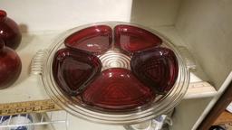 Red Glass Inset Serving Tray, with Assorted Vases, Cups, Containers and more