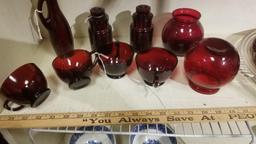 Red Glass Inset Serving Tray, with Assorted Vases, Cups, Containers and more