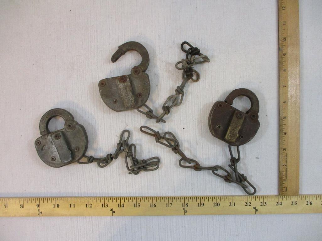 Three Vintage Railroad Locks from Adlake and more, unbranded one is marked Portugal on top, 2 lbs 14