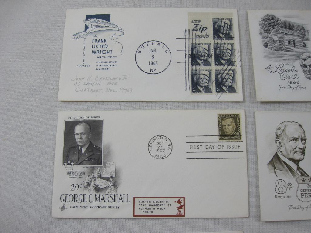 First Day Covers including 1966 Lincoln Coil, Honoring General John J. Pershing, 1968 Saluting Flaf