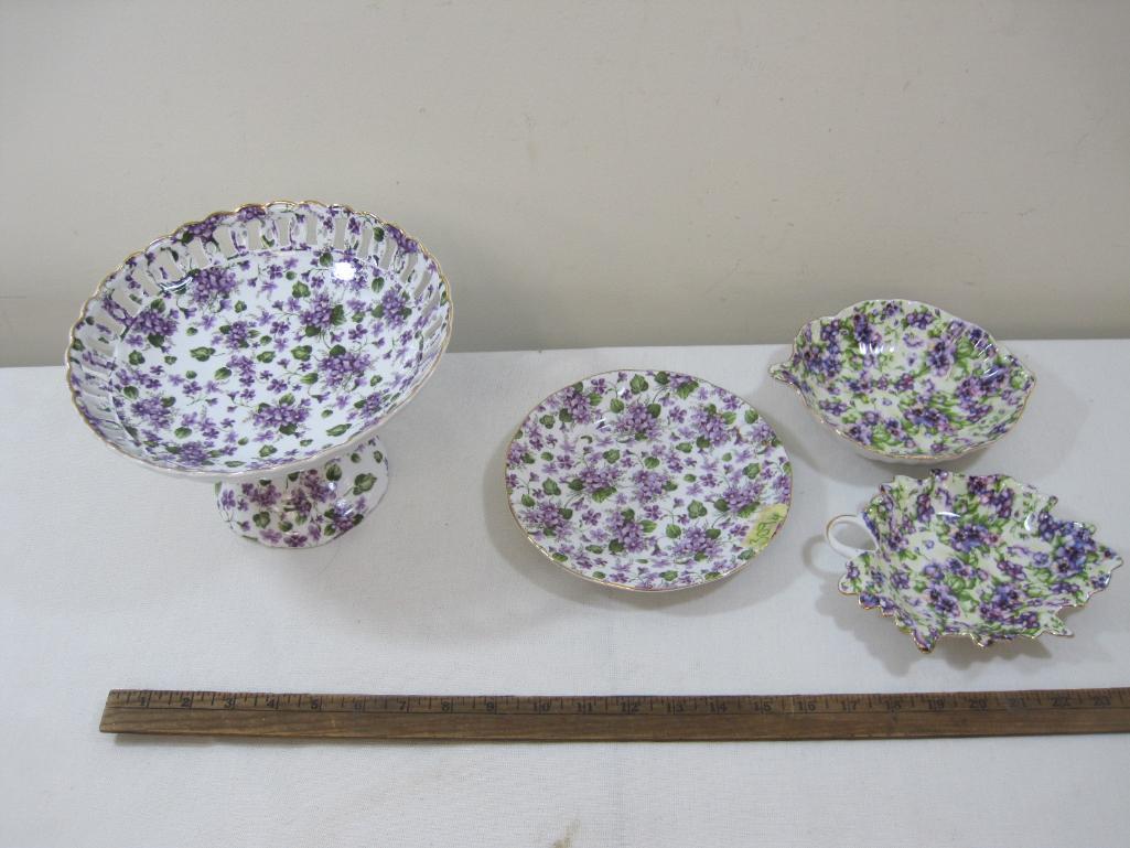 Three Royal Danube Violet Pattern Dishes and a similar footed Serving Dish