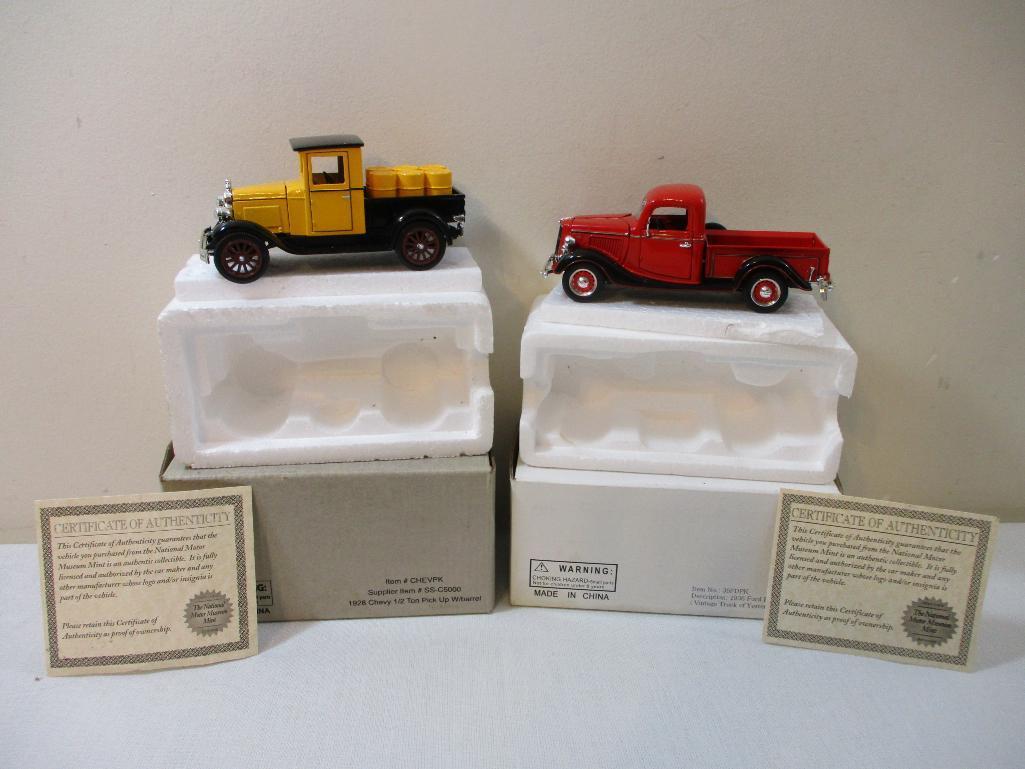 Two Diecast Trucks including Akro Products Red 1936 Ford Pickup and 1928 Chevy Pickup, in original