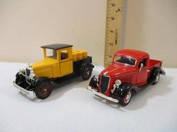 Two Diecast Trucks including Akro Products Red 1936 Ford Pickup and 1928 Chevy Pickup, in original