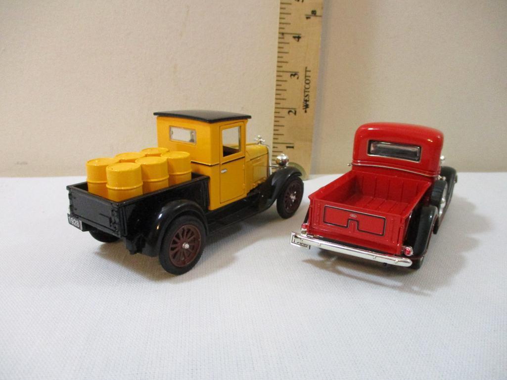 Two Diecast Trucks including Akro Products Red 1936 Ford Pickup and 1928 Chevy Pickup, in original