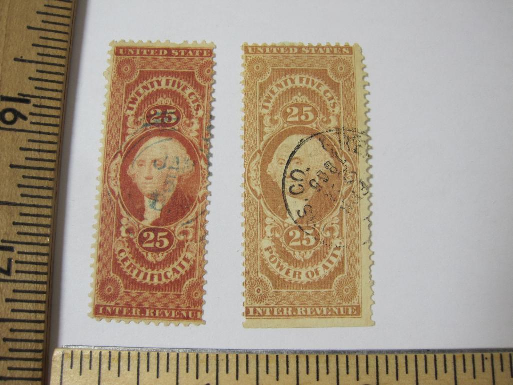 Two 25 Cent George Washington Internal Revenue US Stamps