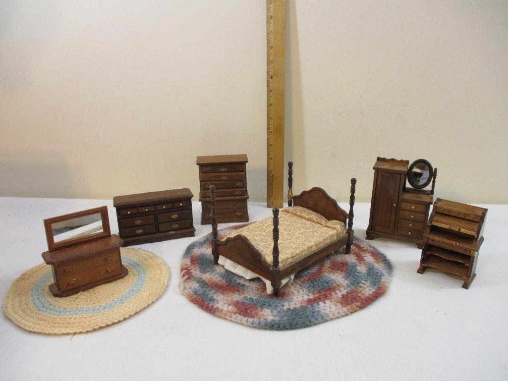 Set of Wooden Doll Furniture including bed, wardrobe, dressers, and roll-top desk, 1 lb 14 oz