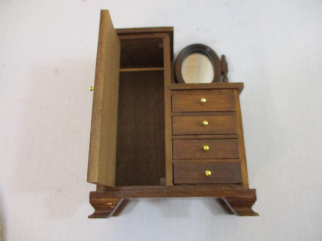 Set of Wooden Doll Furniture including bed, wardrobe, dressers, and roll-top desk, 1 lb 14 oz