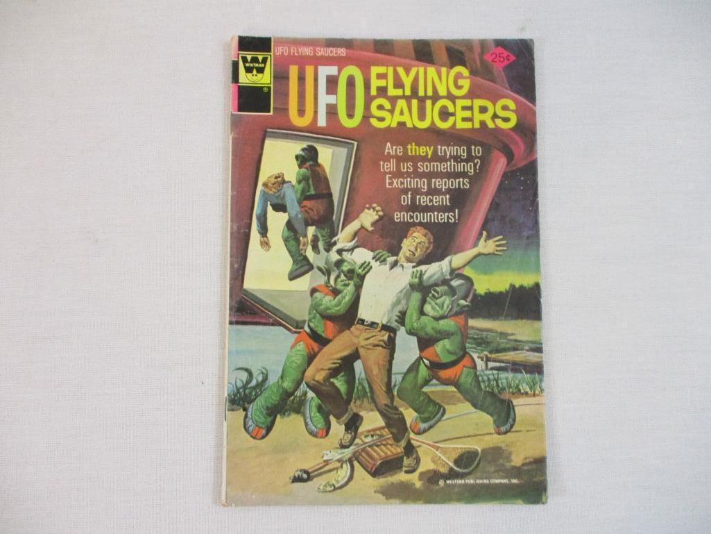 Three Vintage Comic Books including 1956 Walt Disney's Man in Space No. 716, 1974 Whitman UFO Flying