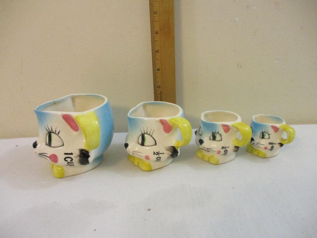 Ceramic Cat Kitchenware Set including Creamer, Sugar Bowl, and Measuring Cups, Tilso Japan, 2 lbs 10