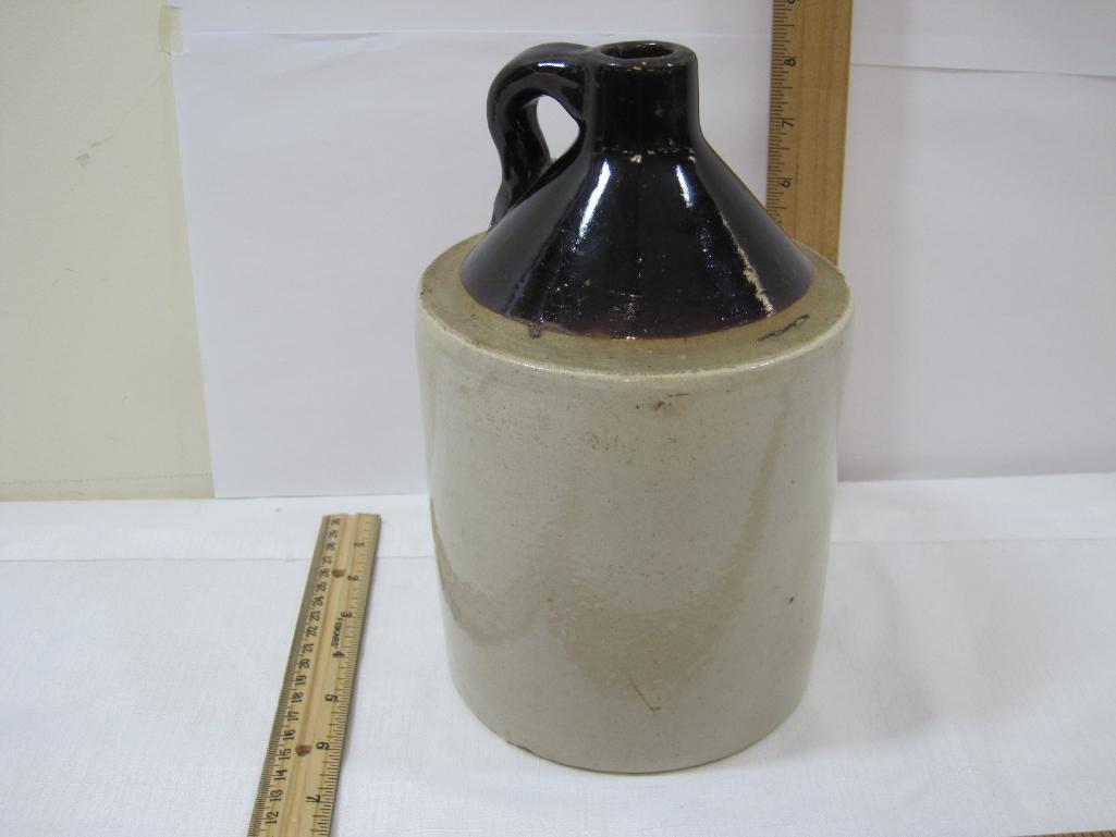 Two Stoneware Jugs, approximately 9 inches tall, 1 Dk Brown Top, 1 Lt brown Top with cork, small
