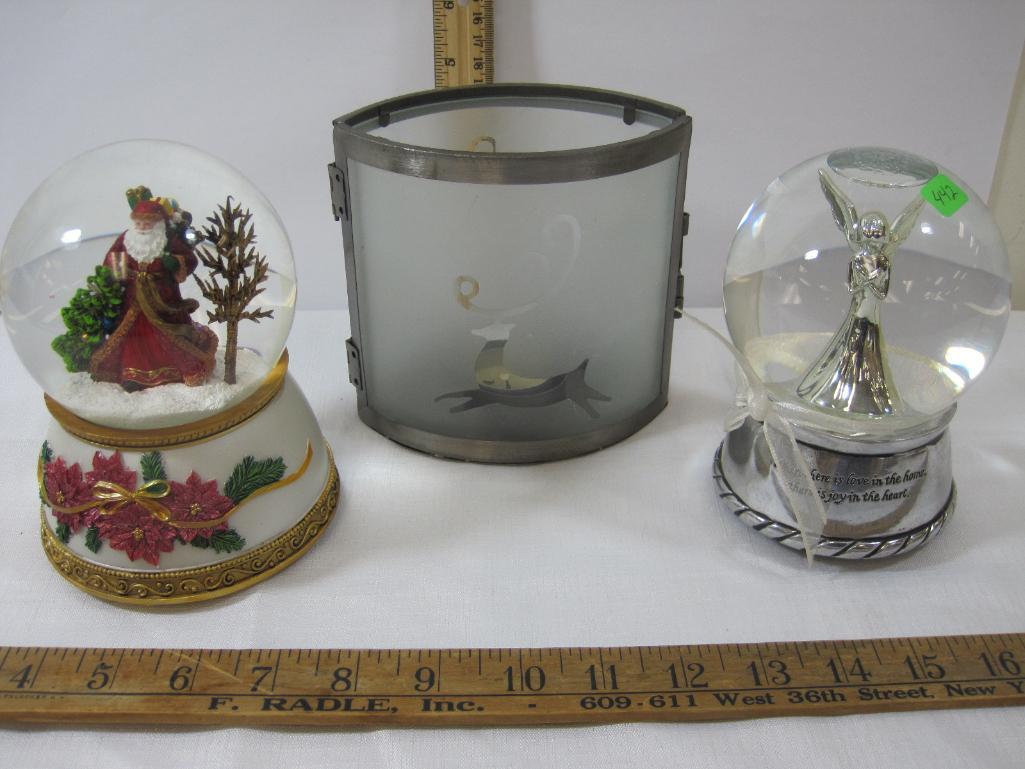 Three Table Top Christmas Decorations, 2 Snowglobes, and 1 Tea Light Candle Holder