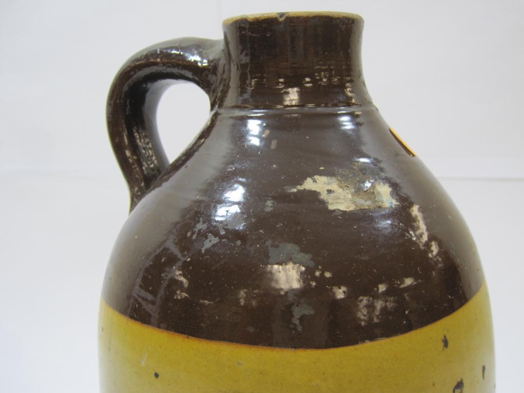 Stoneware jugs, 1 has Wire Handle with Cork Stopper 7.5 inches tall, 1 at 9.5 inches tall with