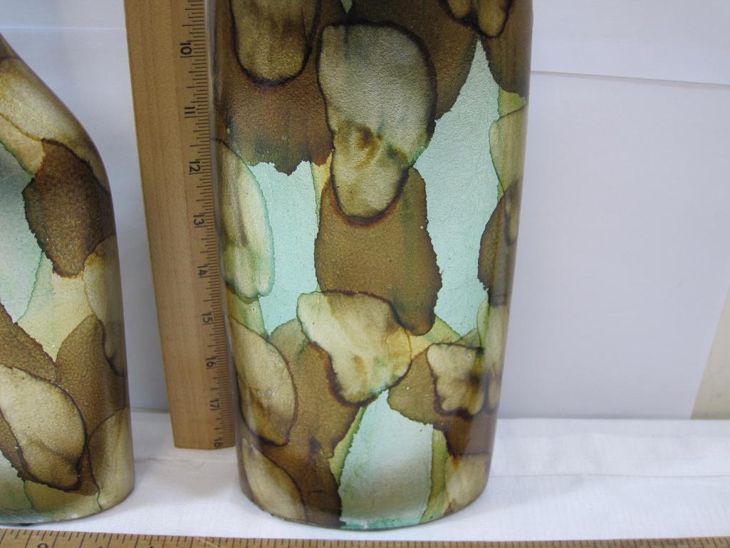 Two Colorful Foil Print Bottle Shape Vases, one with hairline crack, see photos for detail