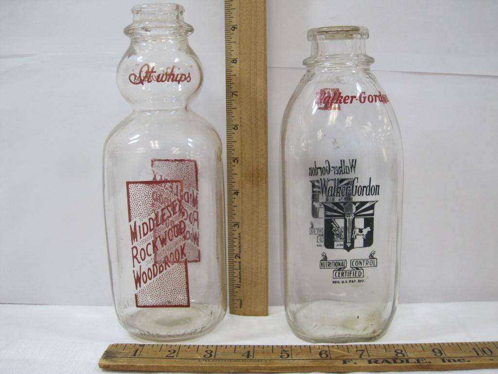 Two Vintage Milk Bottles, 1 Walker-Gordon Plainsboro NJ, 1 Cream Top Middlesex Rockwood Woodbrook