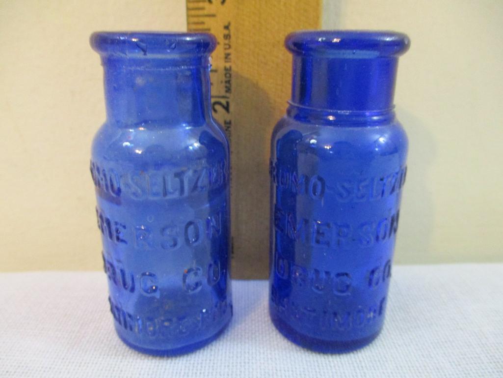 Two Vintage Bromo Seltzer Emerson Drug Co Baltimore Cobalt Blue Glass Bottles, 3 oz