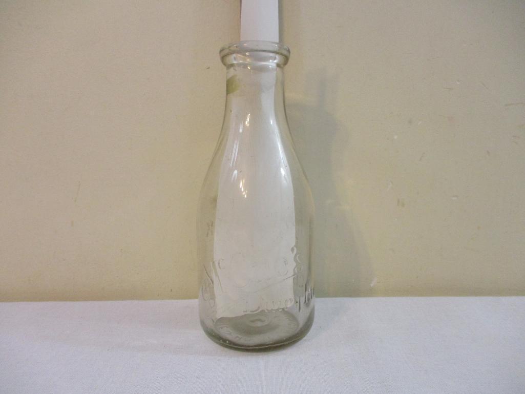 McCue's Dairy Inc Embossed One Quart Glass Bottle, Buttermilk Chocolate Orangeade Cottage Cheese,