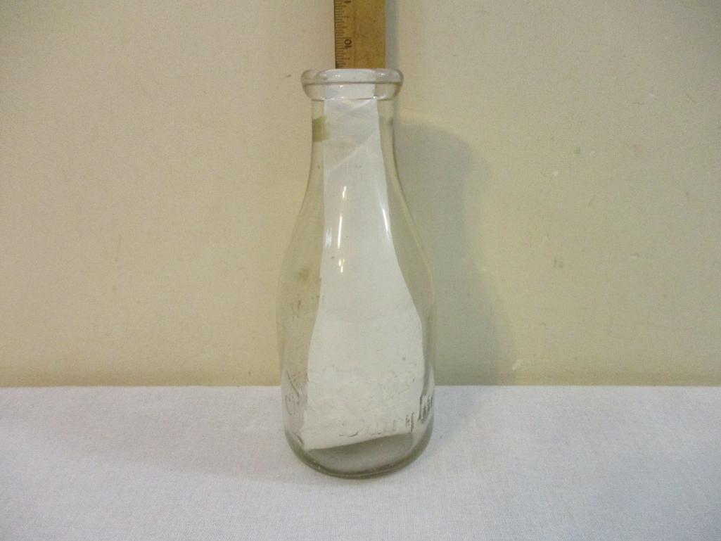 McCue's Dairy Inc Embossed One Quart Glass Bottle, Buttermilk Chocolate Orangeade Cottage Cheese,