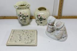 Precious Moments, 2 decorative vases and the ABC's of Love placque. Precious Moments "We're Going to