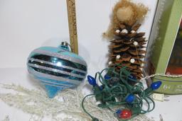 Christmas Lot - 3 spiral white metal trees in box, icicle lites, 2 strands colored bulbs, pinecone