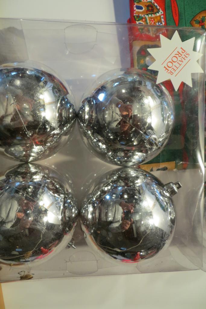 Christmas Lot - silver garland, 2 fabric squares card table size, 8 shatterproof silver balls (NIB),