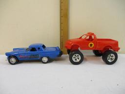 Two Plastic Tootsie Toy Cars: 1956 Ford T-Bird and red truck, 7 oz