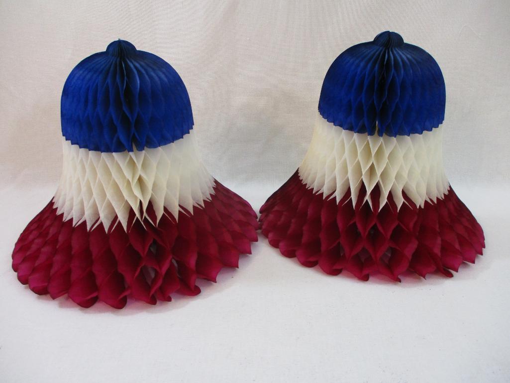 Two Folding Paper HoneyComb Bell Ornaments, made in Denmark, approx 12 inches tall, 4oz