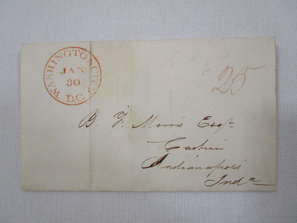 Stampless Cover Washington City DC to Indianapolis IN, Jan 30 1838, Red 25 in Manual Script