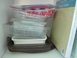 Assorted Kitchen Items including disposable pans, stainless spaetzle maker, Pyrex rectangular dish