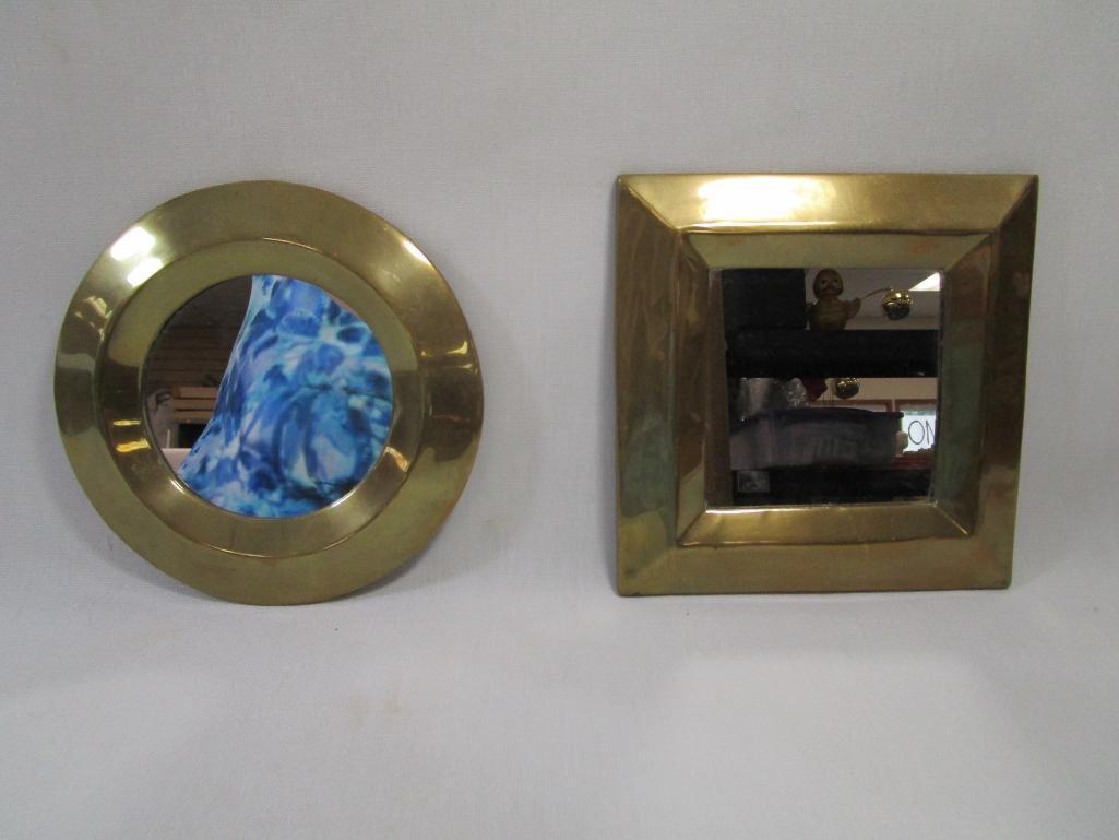 Pair of Brass Framed Mirror Wall D?cor, approx 7 inch Diameter, 7 inch Square