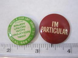 Two Vintage Pins: 1967 Union Won Vacation and "I'm Particular", 1 oz