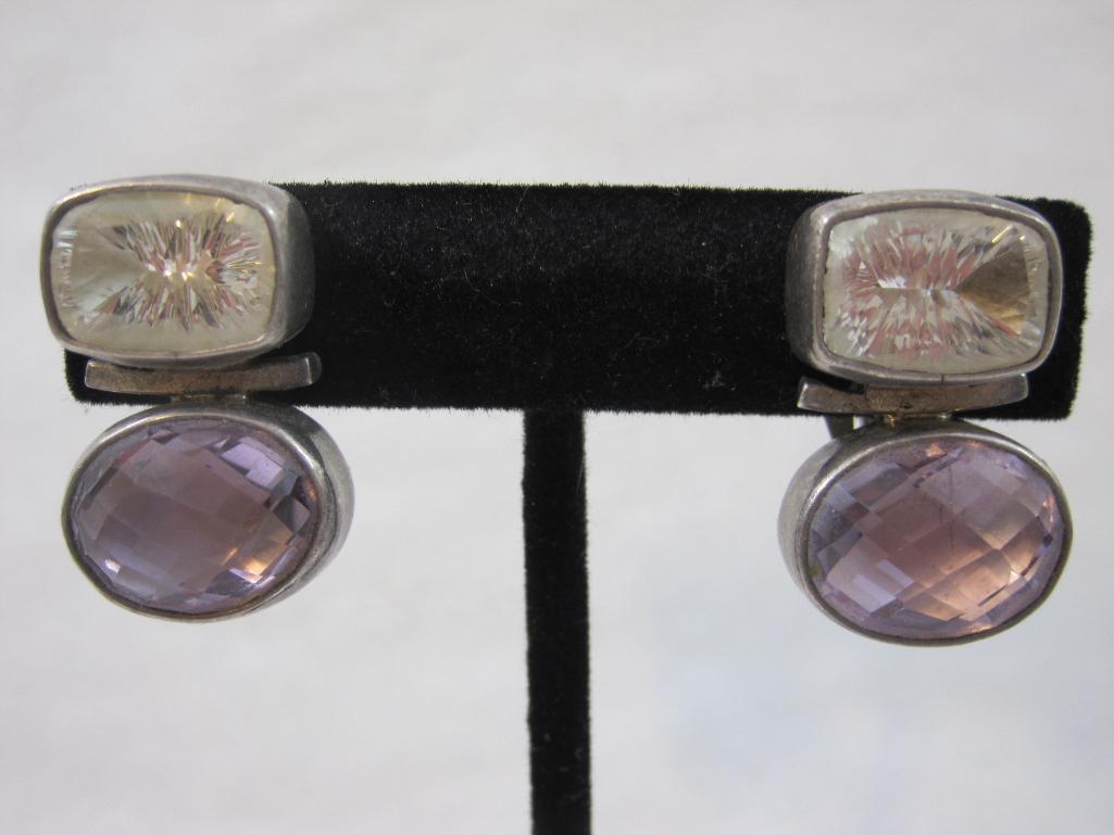 Sterling Silver Clip-On Earrings with Purple and Clear Stones, 21.9 g total weight