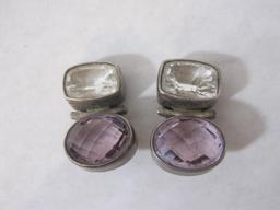 Sterling Silver Clip-On Earrings with Purple and Clear Stones, 21.9 g total weight