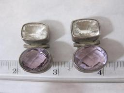Sterling Silver Clip-On Earrings with Purple and Clear Stones, 21.9 g total weight