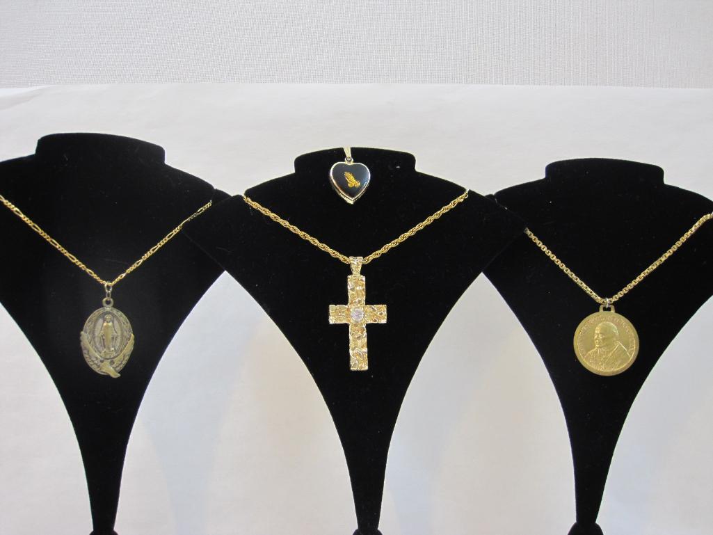 Religious Necklaces and Pendants including cross on gold tone sterling silver chain and more, 2 oz