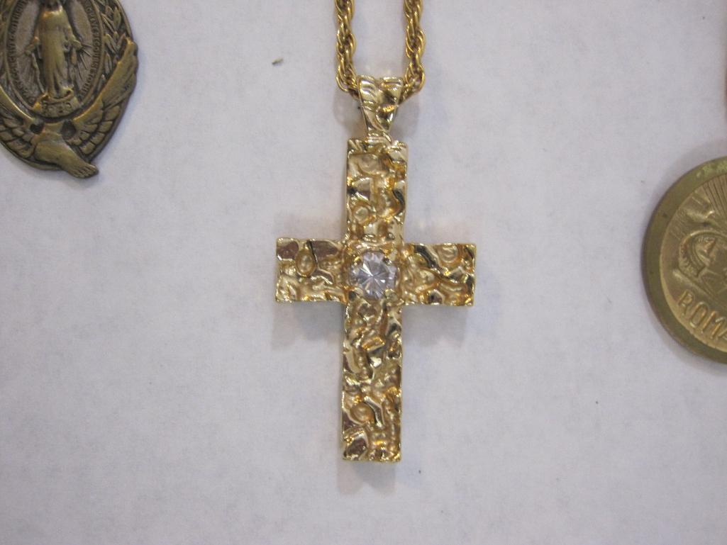 Religious Necklaces and Pendants including cross on gold tone sterling silver chain and more, 2 oz