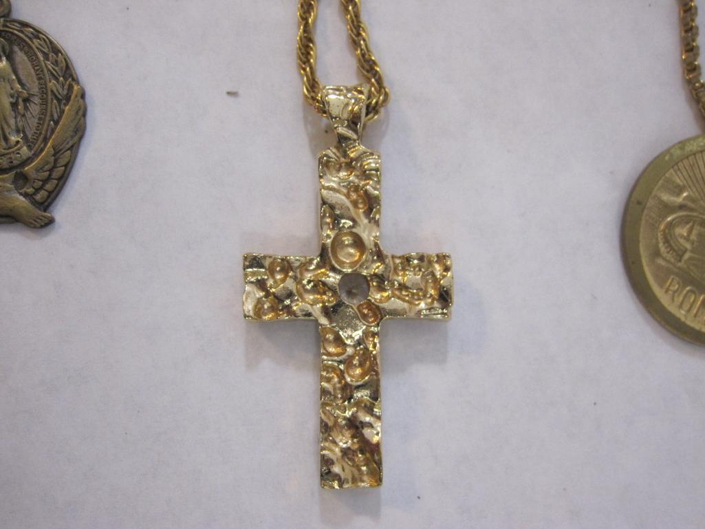 Religious Necklaces and Pendants including cross on gold tone sterling silver chain and more, 2 oz