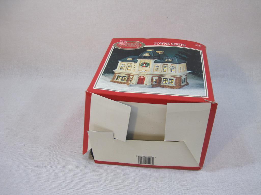 Towne Hall Lighted Porcelain Christmas Display, Dickens Collectables Towne Series, in original box,