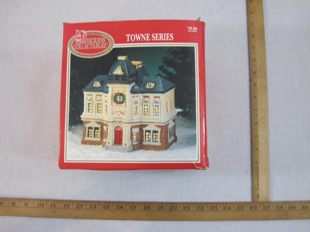 Towne Hall Lighted Porcelain Christmas Display, Dickens Collectables Towne Series, in original box,