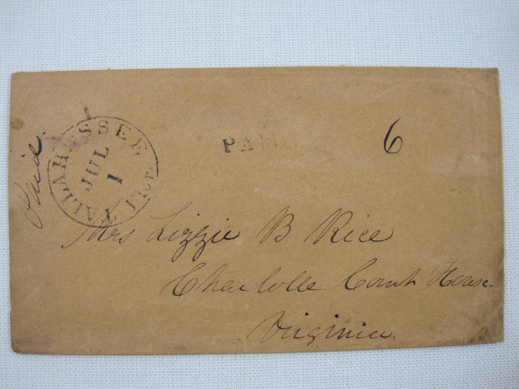 Stampless Cover Tallahassee FL to Charlotte Court House VA, July 1, Black PAID 6